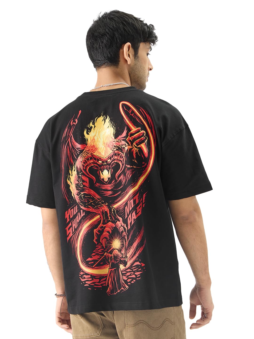 The Souled Store Official Lord of The Rings: You Shall Not Pass Short Sleeve Round Neck Black Graphic Printed Cotton Oversized T-Shirts for Men & Boys
