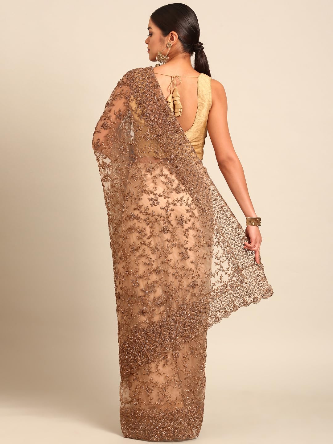 MOHEY Fawn Net Embroidery|Stone Work Saree for Women