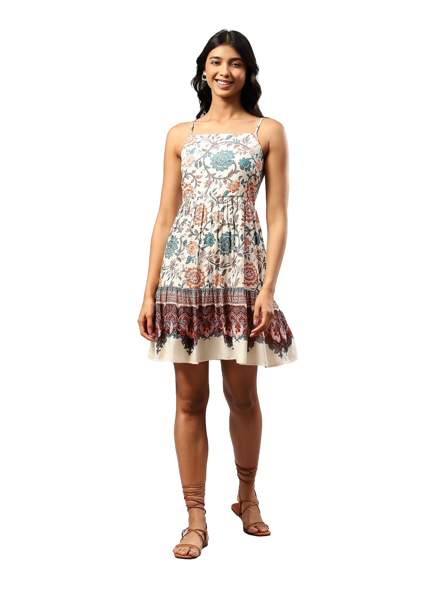Label RITU KUMAR Strappy Printed Short Dress Ecru