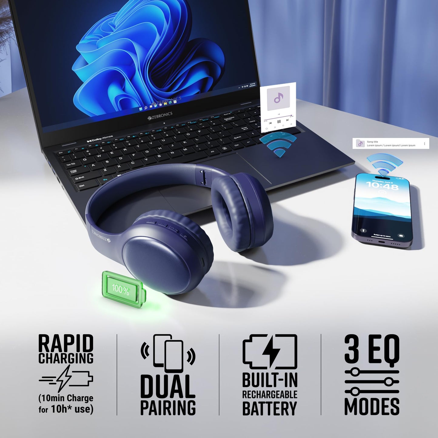 ZEBRONICS Thunder Max Bluetooth Over Ear Headphone with 120*Hrs Playback, 3 EQ Modes, 40mm Bass Driver, Fast Charging, ENC, Gaming Mode, Dual Pairing, BT v5.4, AUX, Metallic Finish (Purple)