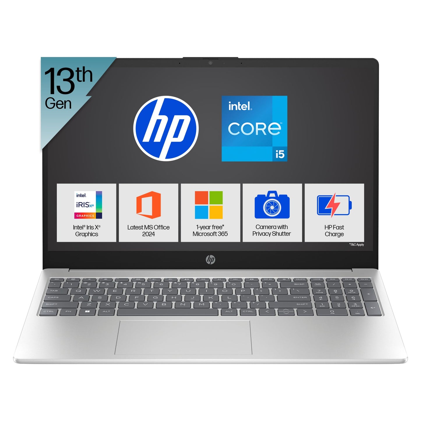 HP 15, 13th Gen Intel Core i5-1334U Laptop(16GB DDR4, 512GB SSD), 15.6"/39.6cm,FHD,Win 11,Office 24,Microsoft 365*, Silver,1.59kg, Iris Xe Graphics, FHD Camera w/Privacy Shutter, Backlit KB, fd0467tu