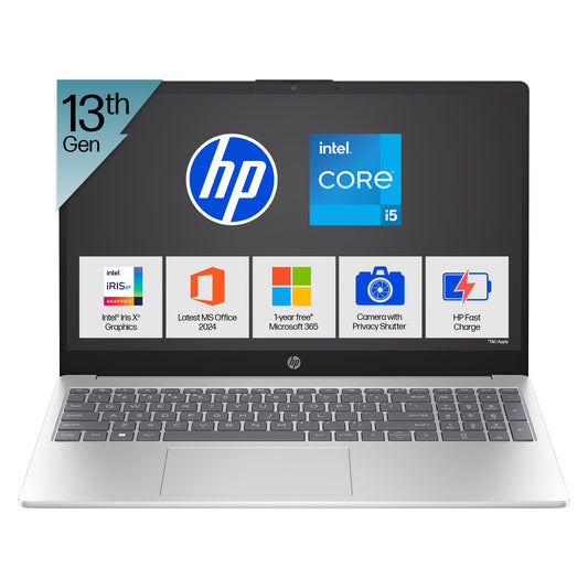 HP 15, 13th Gen Intel Core i5-1334U Laptop(16GB DDR4, 512GB SSD), 15.6"/39.6cm,FHD,Win 11,Office 24,Microsoft 365*, Silver,1.59kg, Iris Xe Graphics, FHD Camera w/Privacy Shutter, Backlit KB, fd0467tu