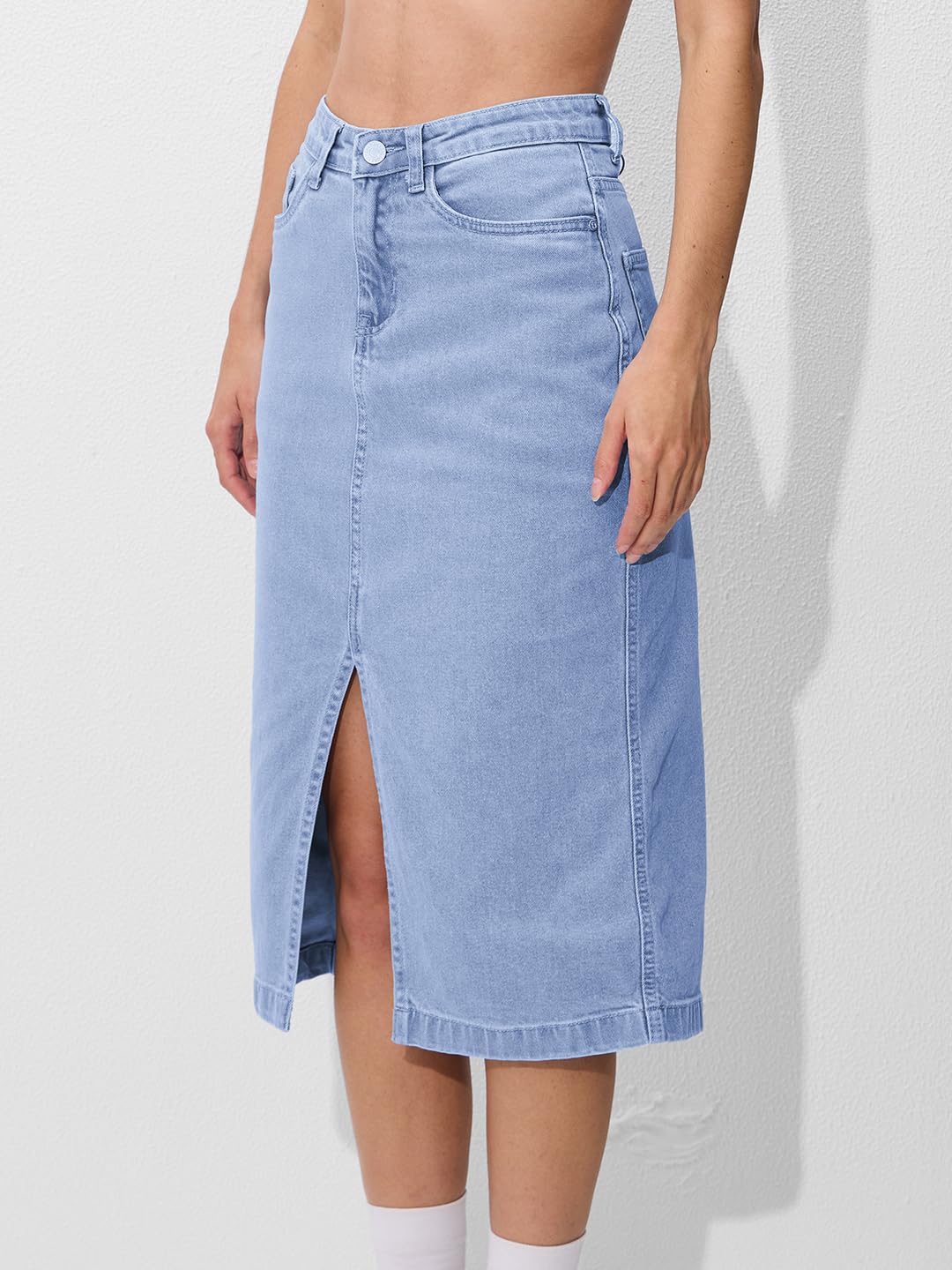 The Souled Store Denim Skirt: Mid Blue Women and Girls Solid Cotton Mini Skirts