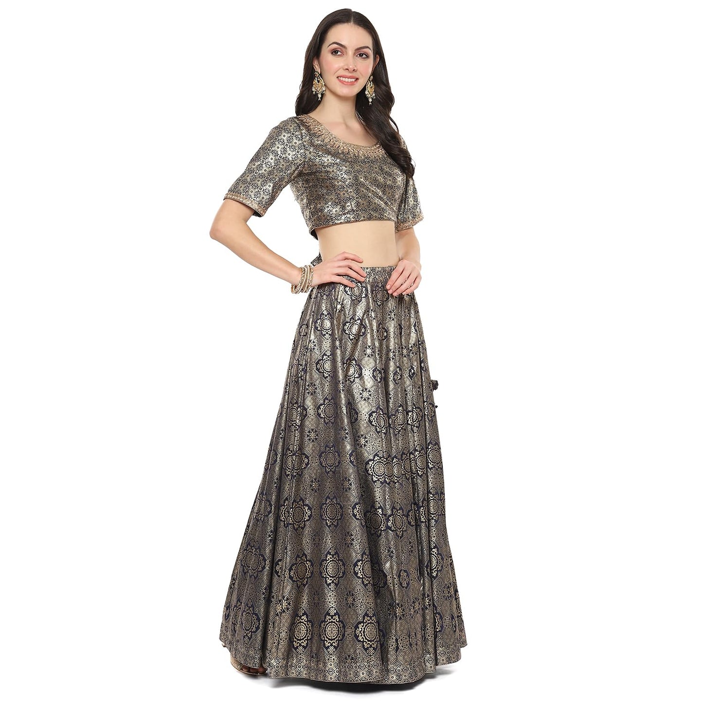 BIBA Women Printed Straight Polyester Readymade Lehenga Set (Skdassorted8935_Navy Blue_42)