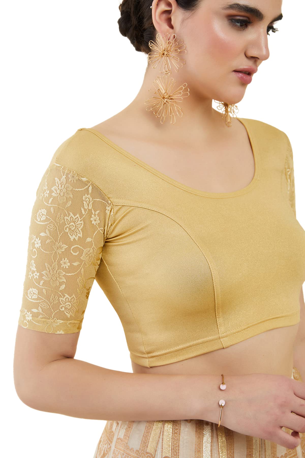 Soch Gold Spandex Princess Cut Blouse with Floral Sleeves