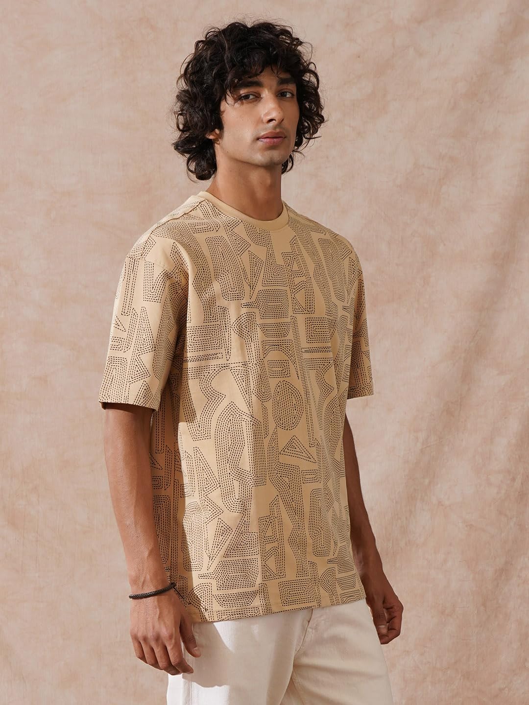WROGN Men's 100% Cotton T-Shirt | Tonal All Over Print | Oversized Fit | Beige | M
