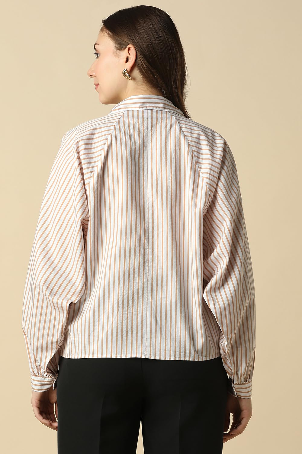 Women Beige Stripe Long Sleeves Shirt