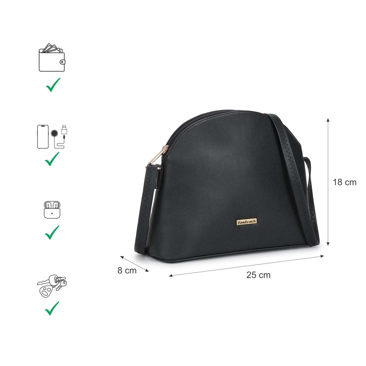 Fastrack Sling Bag | Faux Leather Sling With Adjustable Belt and Quick Access Pocket | Zip Closure and Spacious Interior | Trendy Women's Handbags, Black