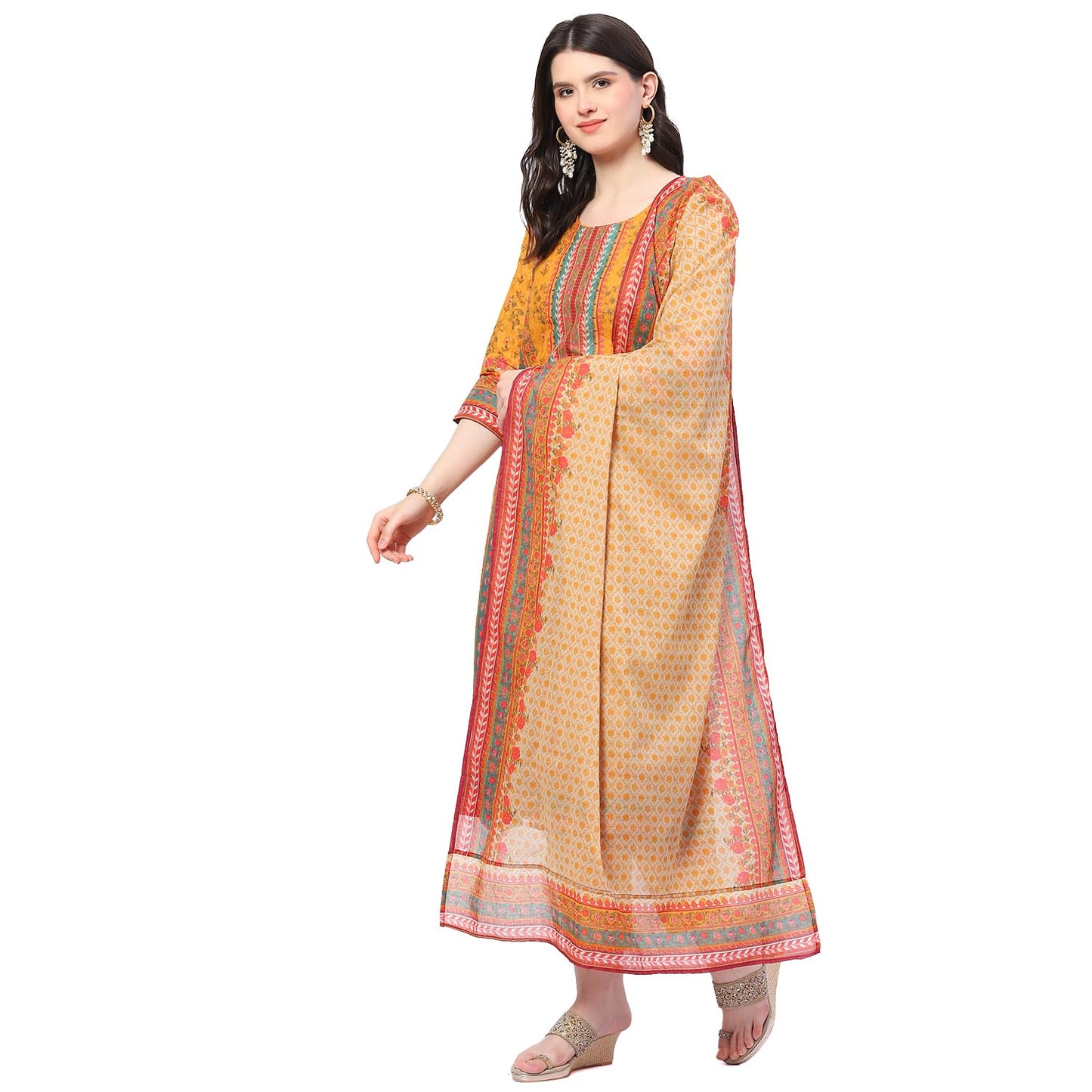 BIBA Women Cotton A Line Printed Suit Set (SKDGUL8951SS24MUST_Yellow