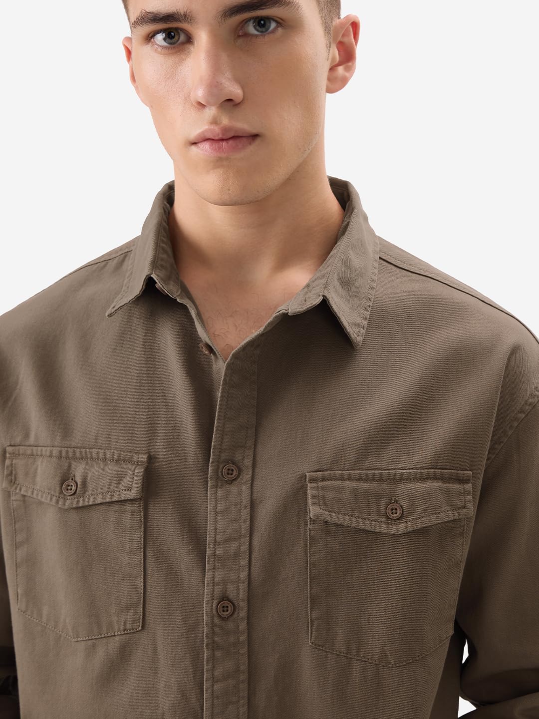 The Souled Store Solids: Brown Men and Boys Long Sleeve Collared Neck Button Front Regular Fit Utility Shirts