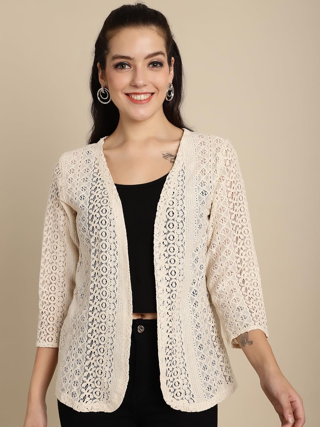 FineMe Women Trending Front Open | Cotton Self Designed 3/4th Sleeves Blazer Shrug 5XL Beige