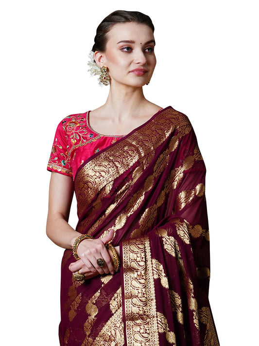AKHILAM Women's Burgundy Georgette Zari Woven Design Saree with Unstitched Blouse Piece (YARYAPRM110_HS)