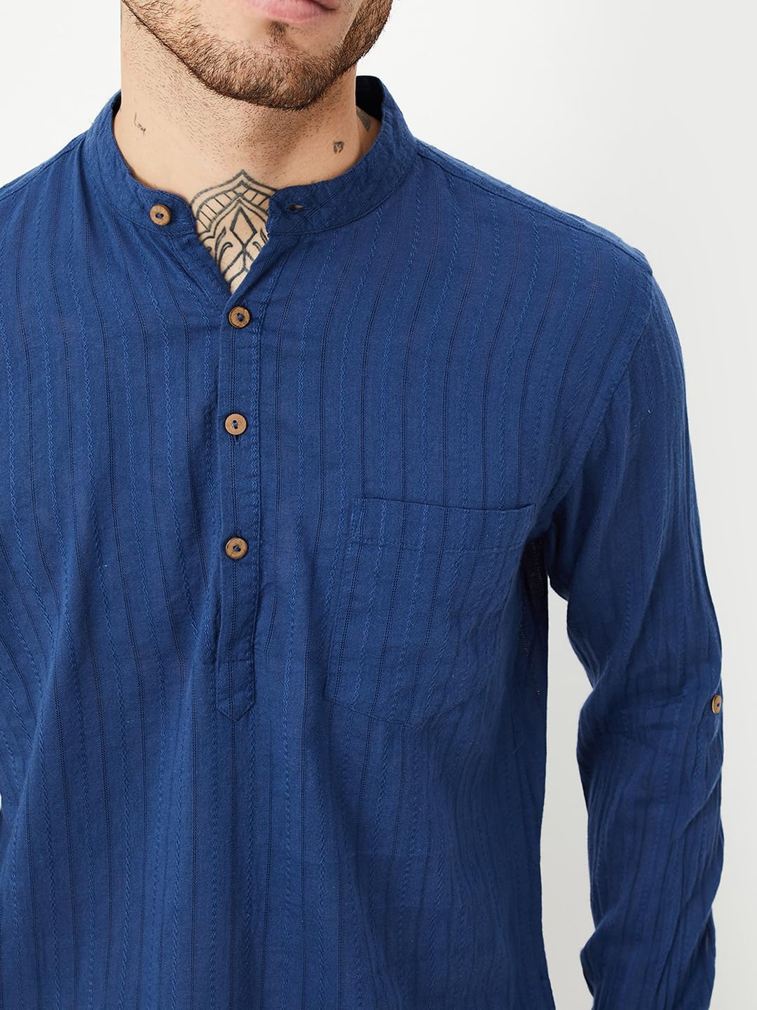 Max Men's Long Sleeves Regular Fit Band Collar Waist Length Cotton Kurta (Blue_M)