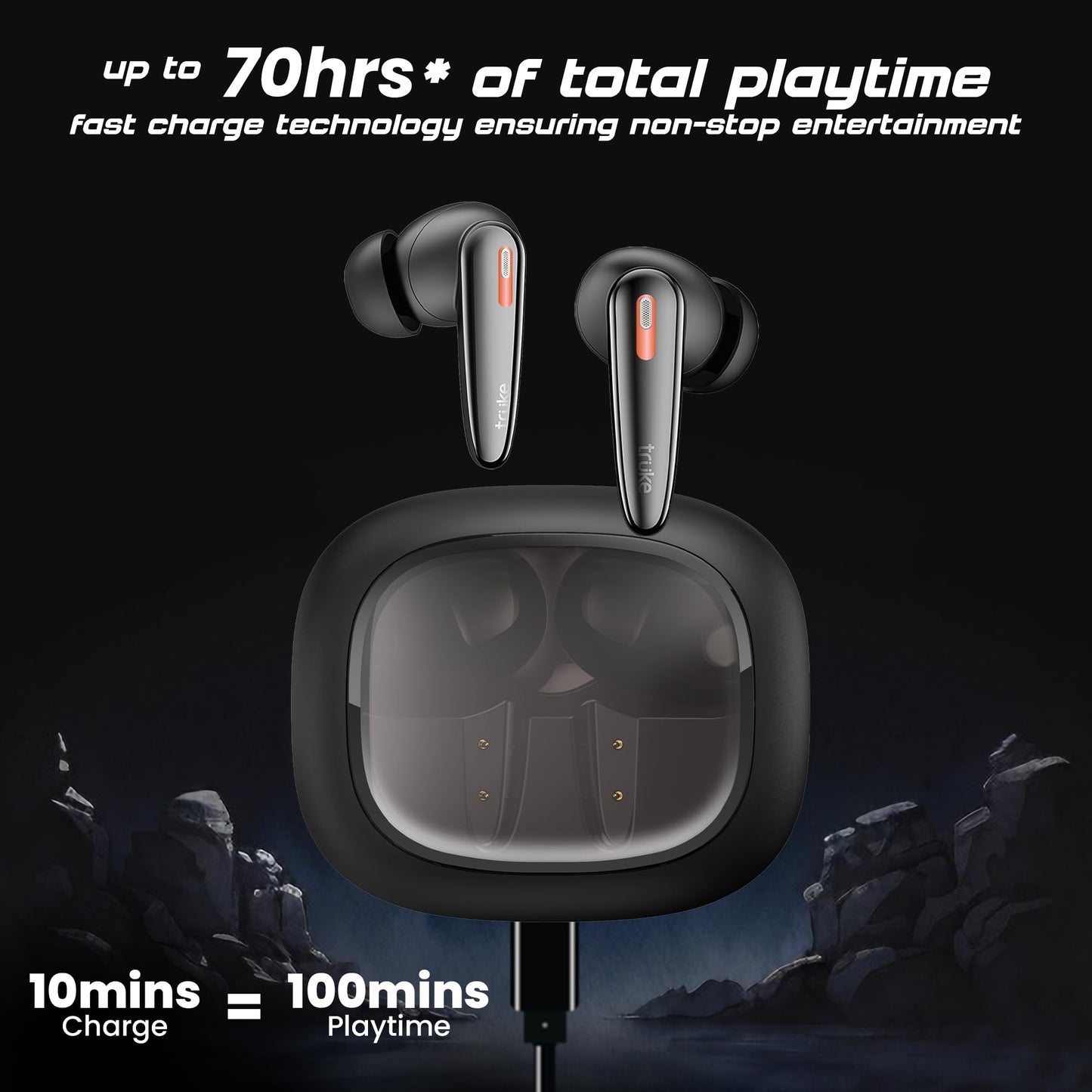 truke New Launch Crystal Bass True Wireless in Ear Earbuds with 13mm Drivers, 70H Playtime Fast Charge, Made in India, HiFi Sound TWS, 40ms Low Latency, 4Mics ENC, BT 5.4 (Matte Black)