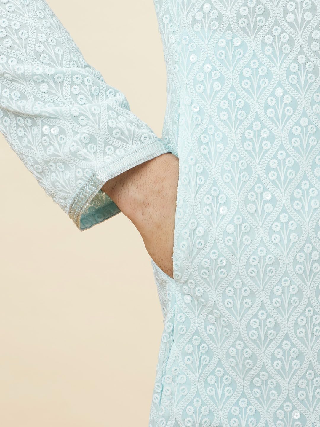 Manyavar Men's Blue Georgette Embroidered Kurta Pyjama Set