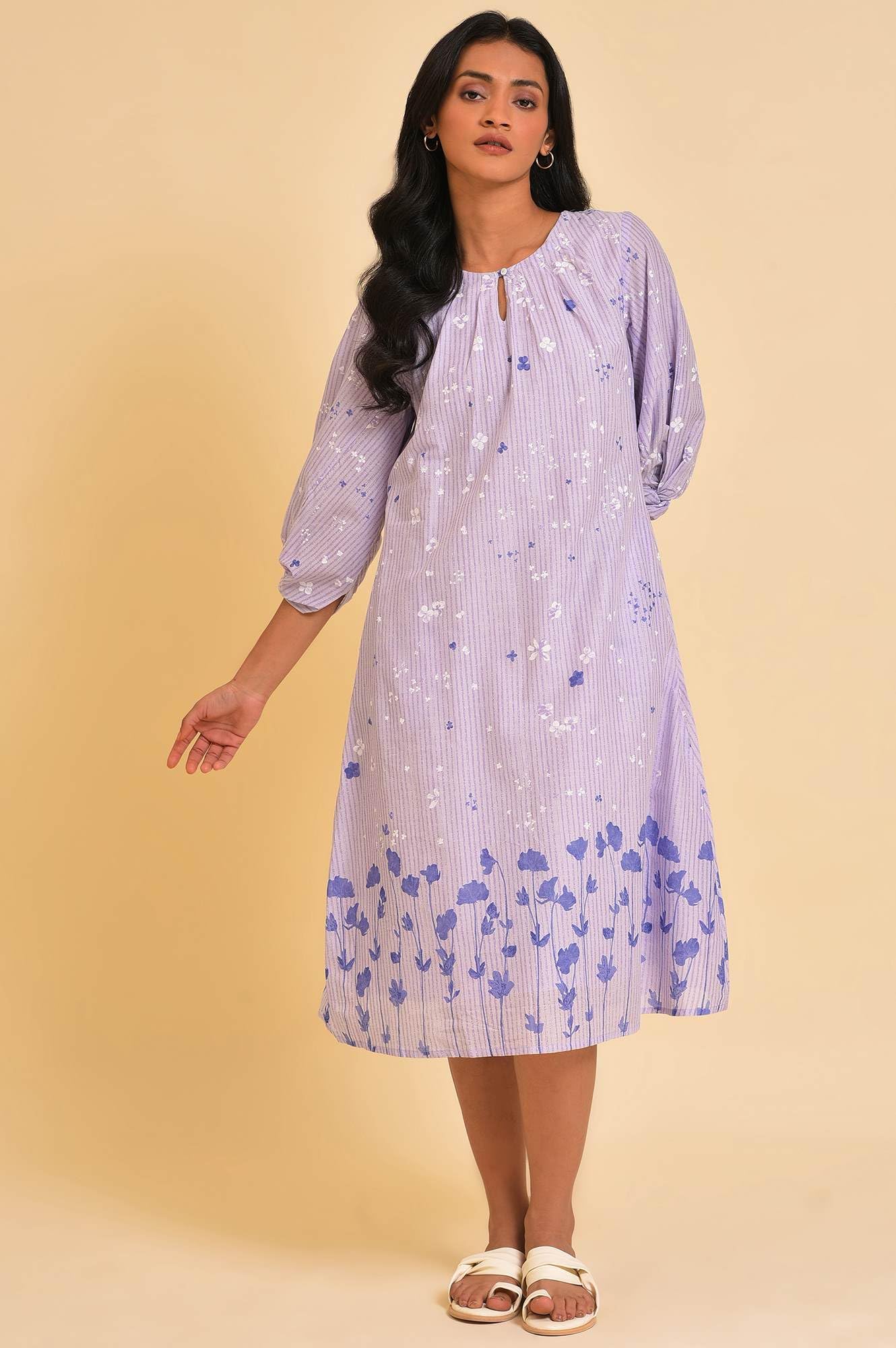 W For Woman Ecru Floral Printed Cotton A-Line Dress with Thread Embroidery