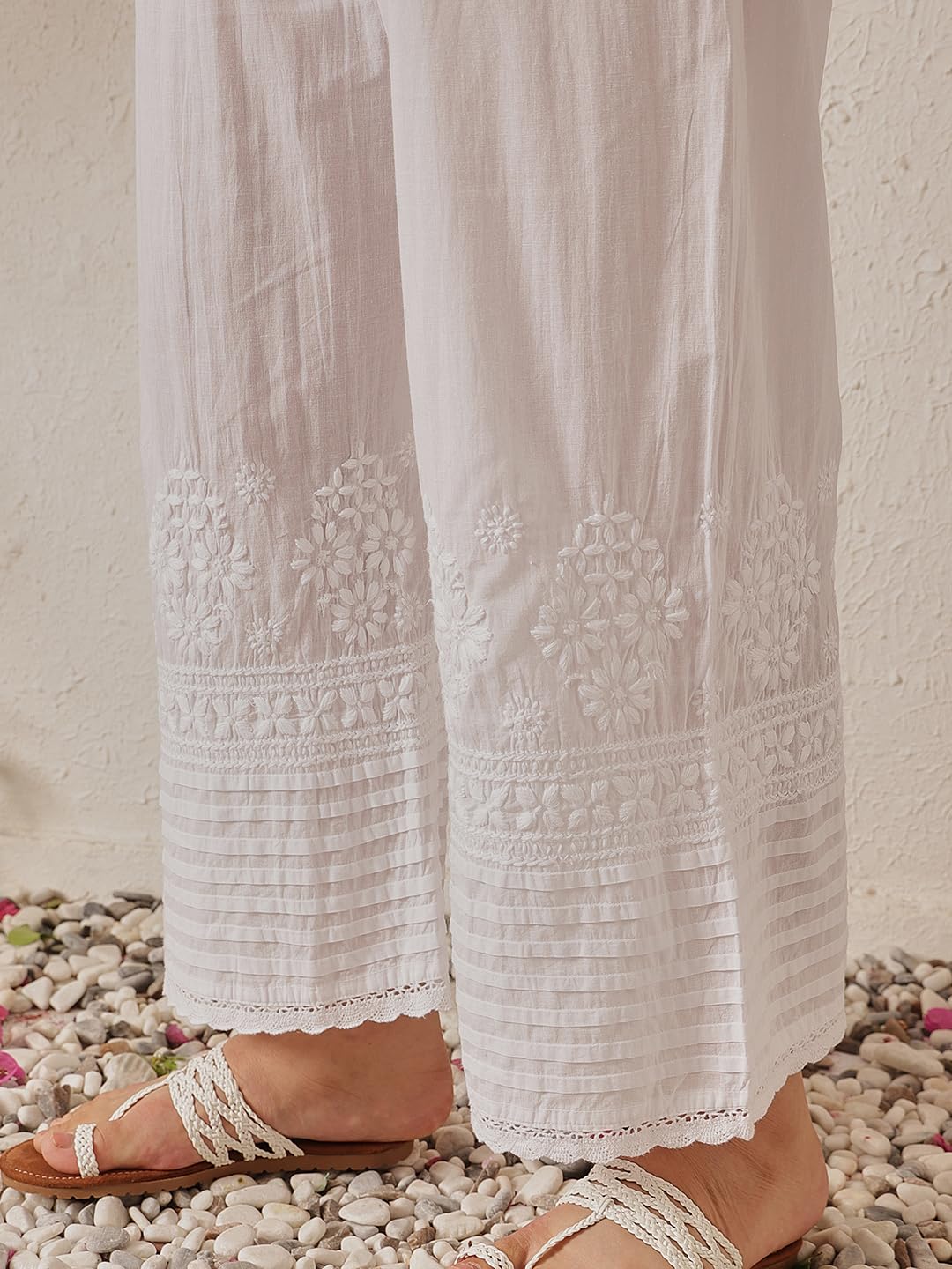 Ada Lucknow Chikankari Hand Embroidered Ethnic Wear White Cotton Palazzo Pant for Women A711170 (L, White)
