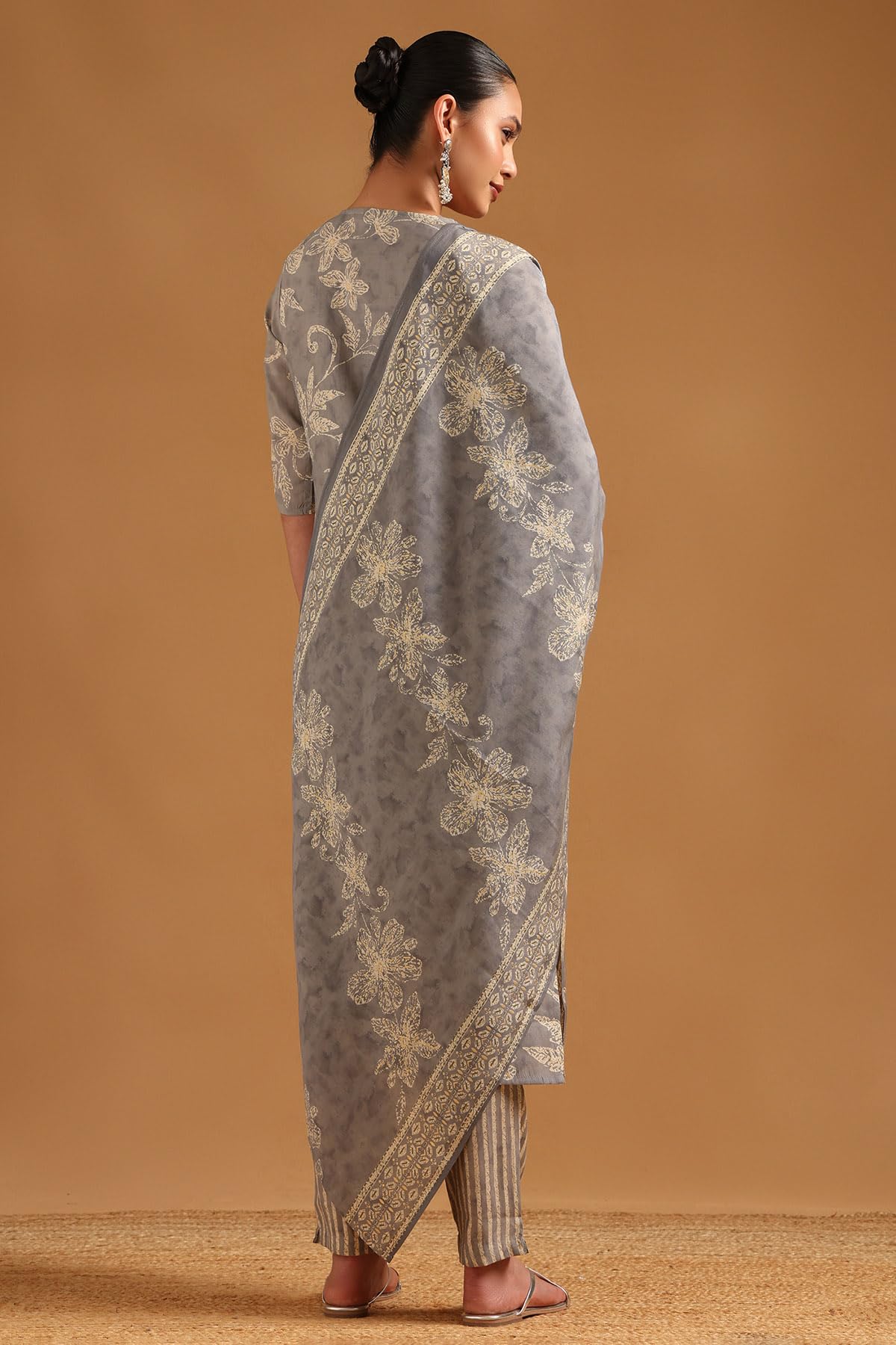 Soch Womens Grey Polyester Botanical Salwar Suit With Beads
