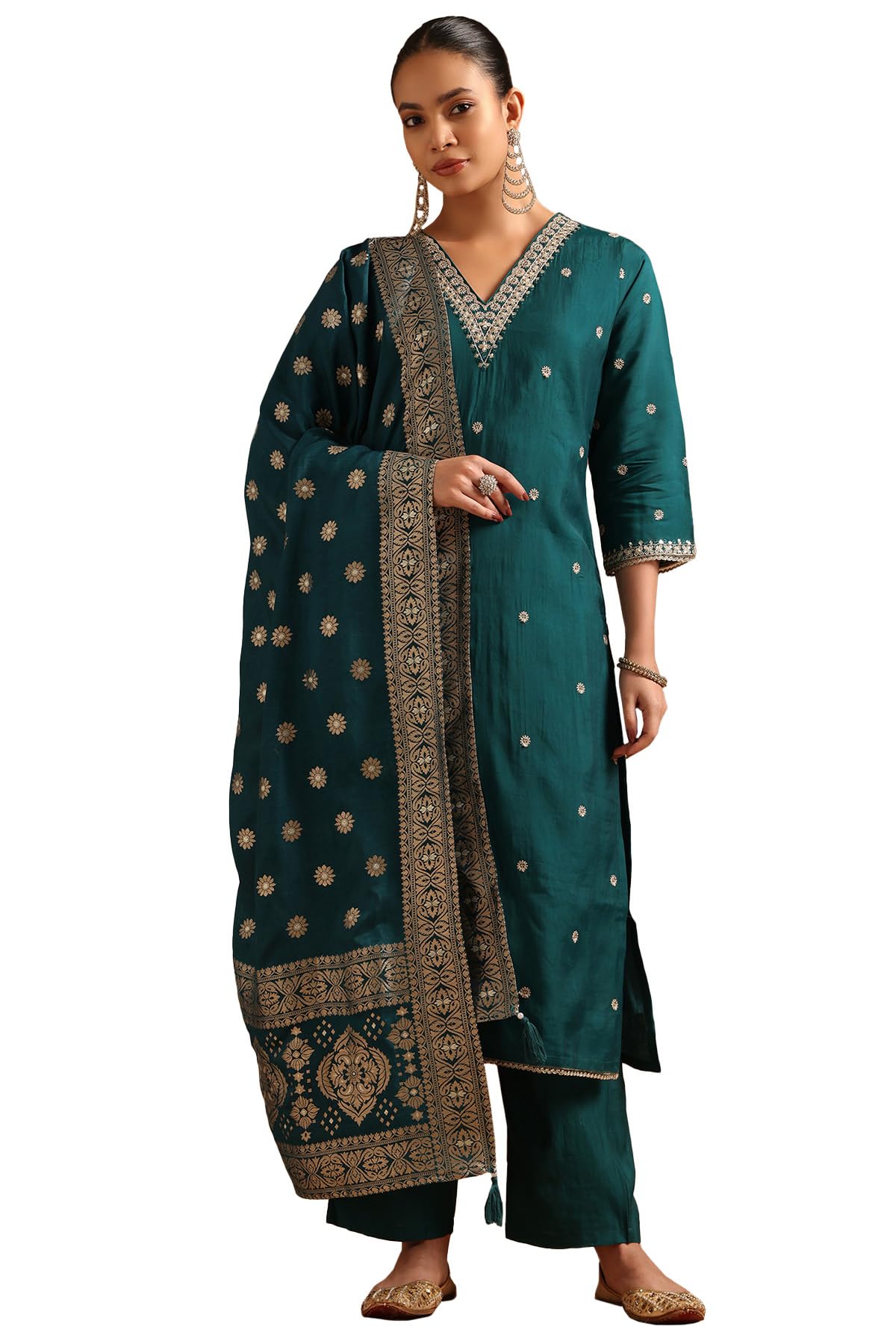 Soch Womens Green Russian Silk Floral Salwar Suit With Sequins