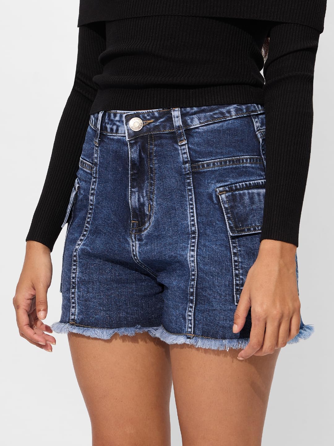 The Souled Store Solids: Sky Blue Women and Girls Buttoned Above The Knee Cotton Blend Denim Comfortable Shorts