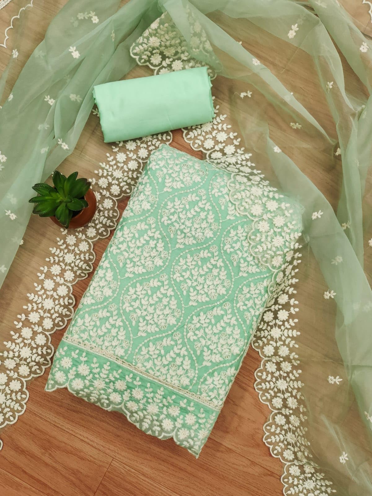 Pandadi Saree Women's Chanderi with Embroidery Work Dress Material (Mint Green)