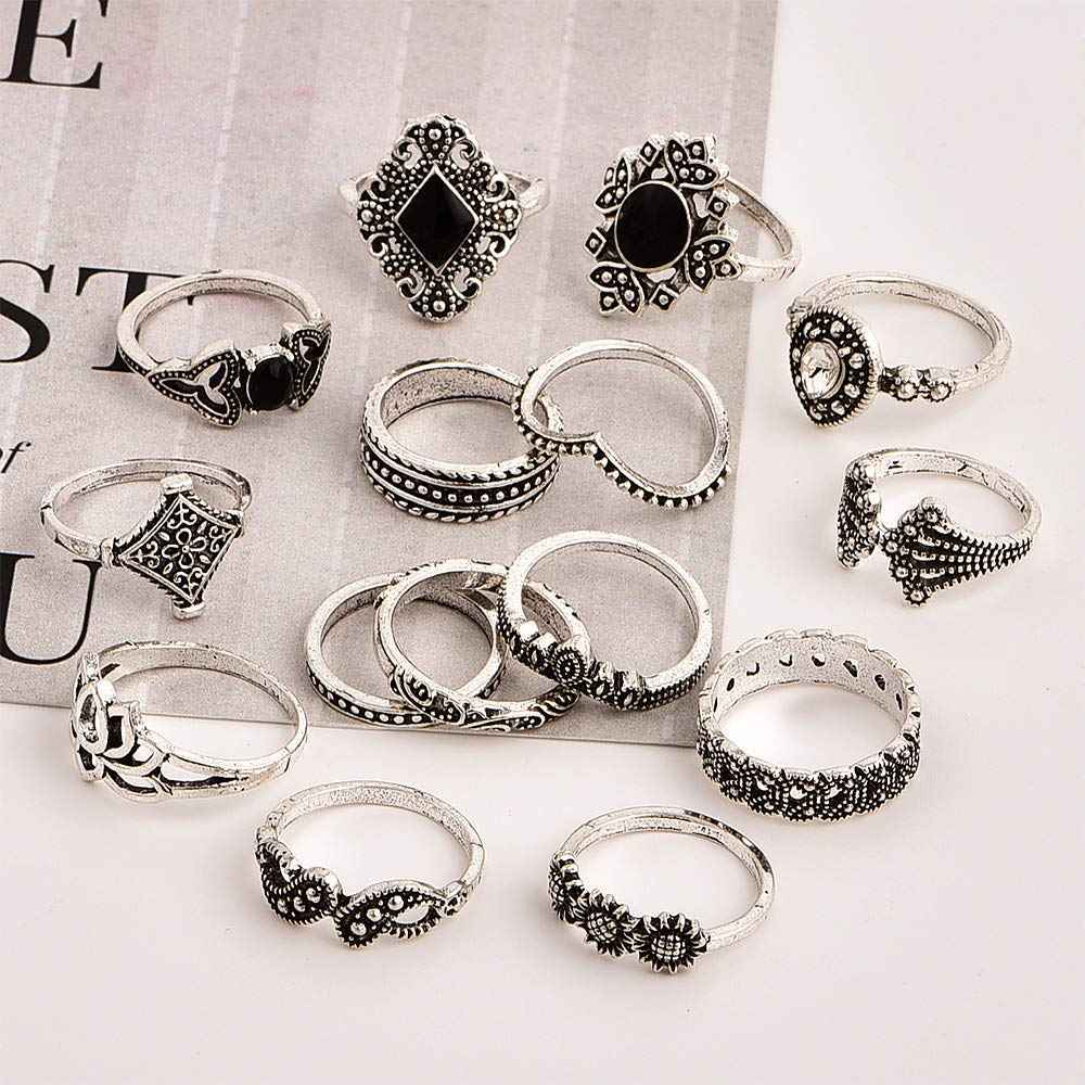 YouBella Oxidised Combo of 15 Boho Silver Plated Rings for Girls and Women (YBRG_20111A) (Silver)