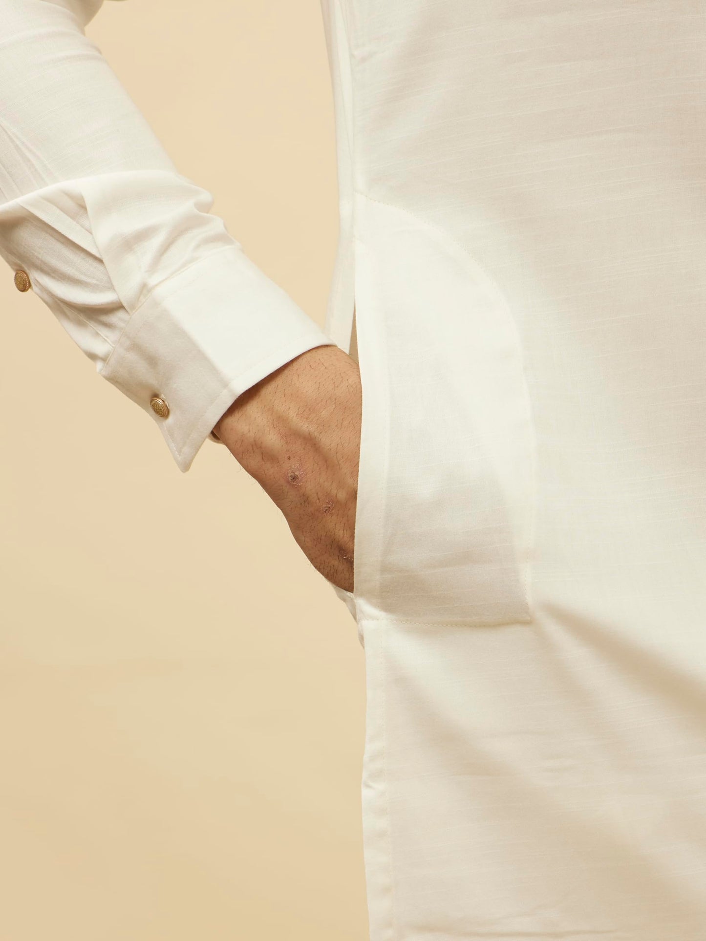 Manyavar Off White/Cream Cotton Full Sleeve Kurta Set | Traditional Kurta Set For Men (XL)