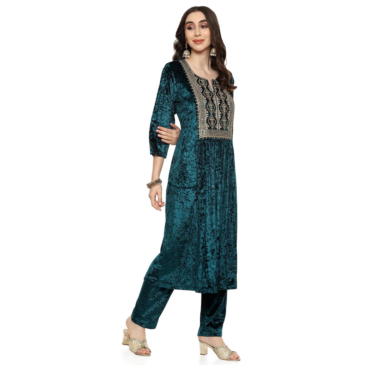 BIBA Women EMBROIDERY STRAIGHT SALWAR KURTA DUPATTA(SKDVELVET E9314_TEAL_42)