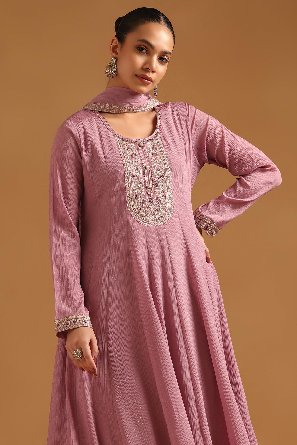 Soch Womens Pink Chinon Floral Salwar Suit With Zari