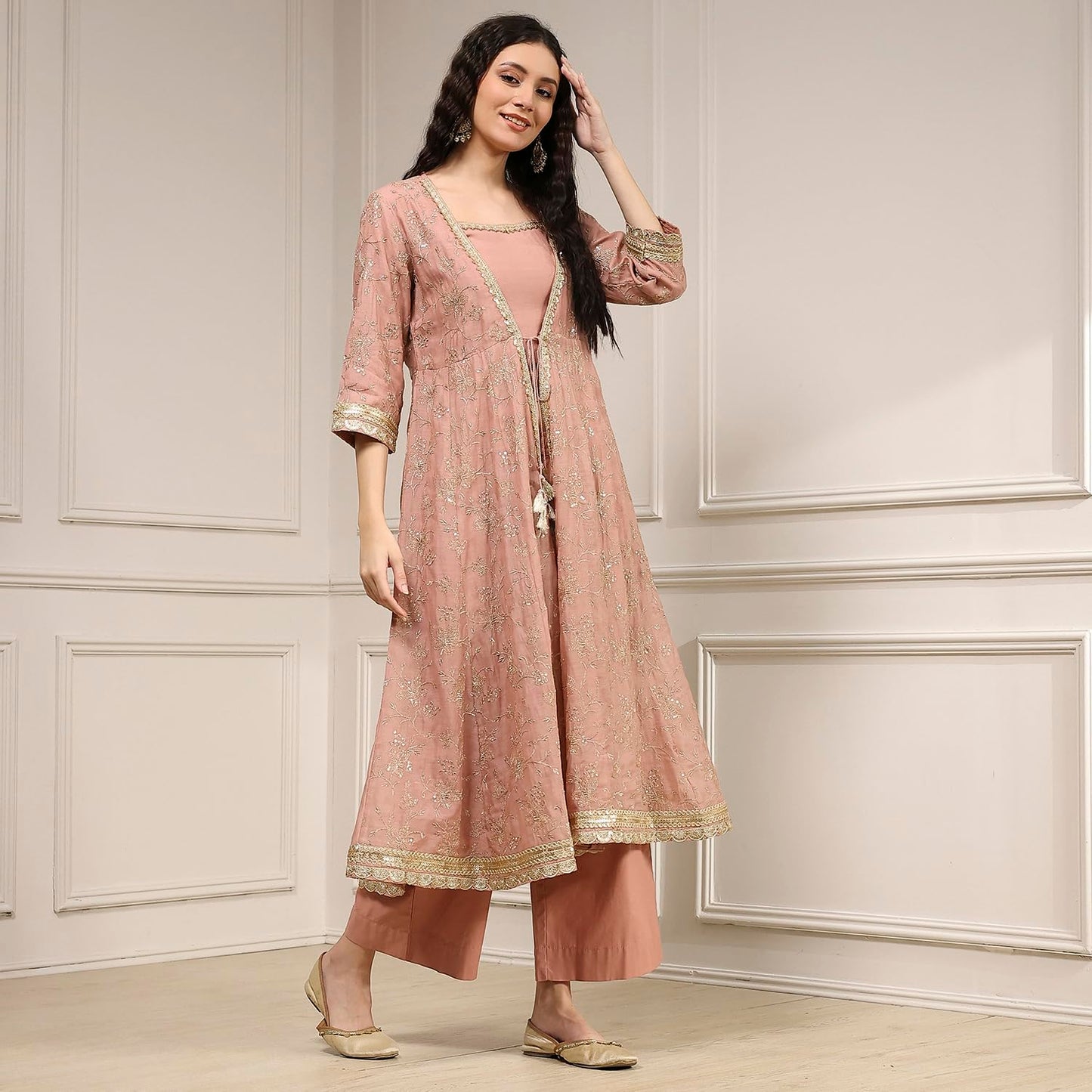 Biba Women's Old Rose Chanderi Anarkali Dyed Fusion Set