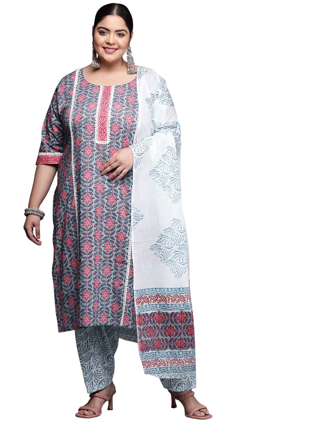 Extra Love by Libas Blue Printed Cotton Straight Kurta Sets for Women