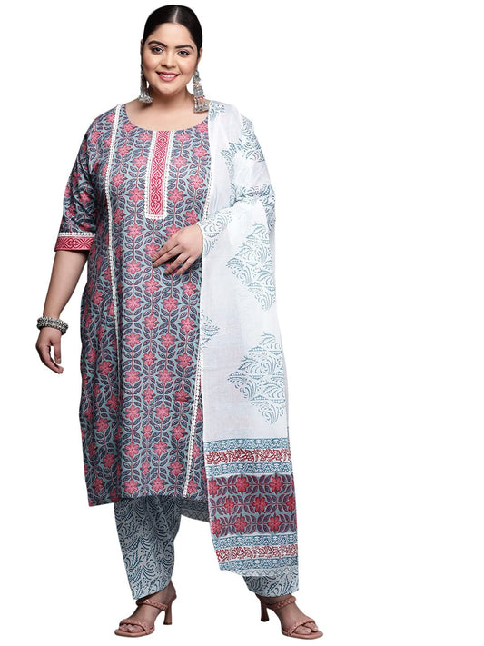 Extra Love by Libas Blue Printed Cotton Straight Kurta Sets for Women