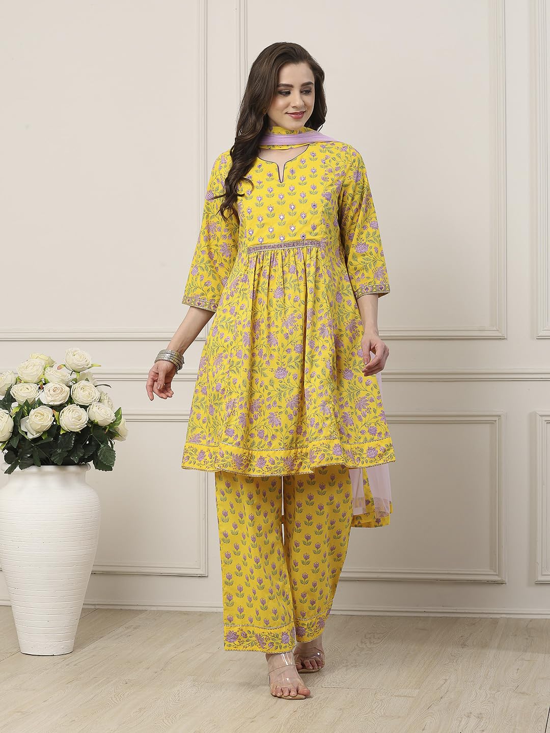 Biba Women Yellow Cotton Kalidar Suit Set_38