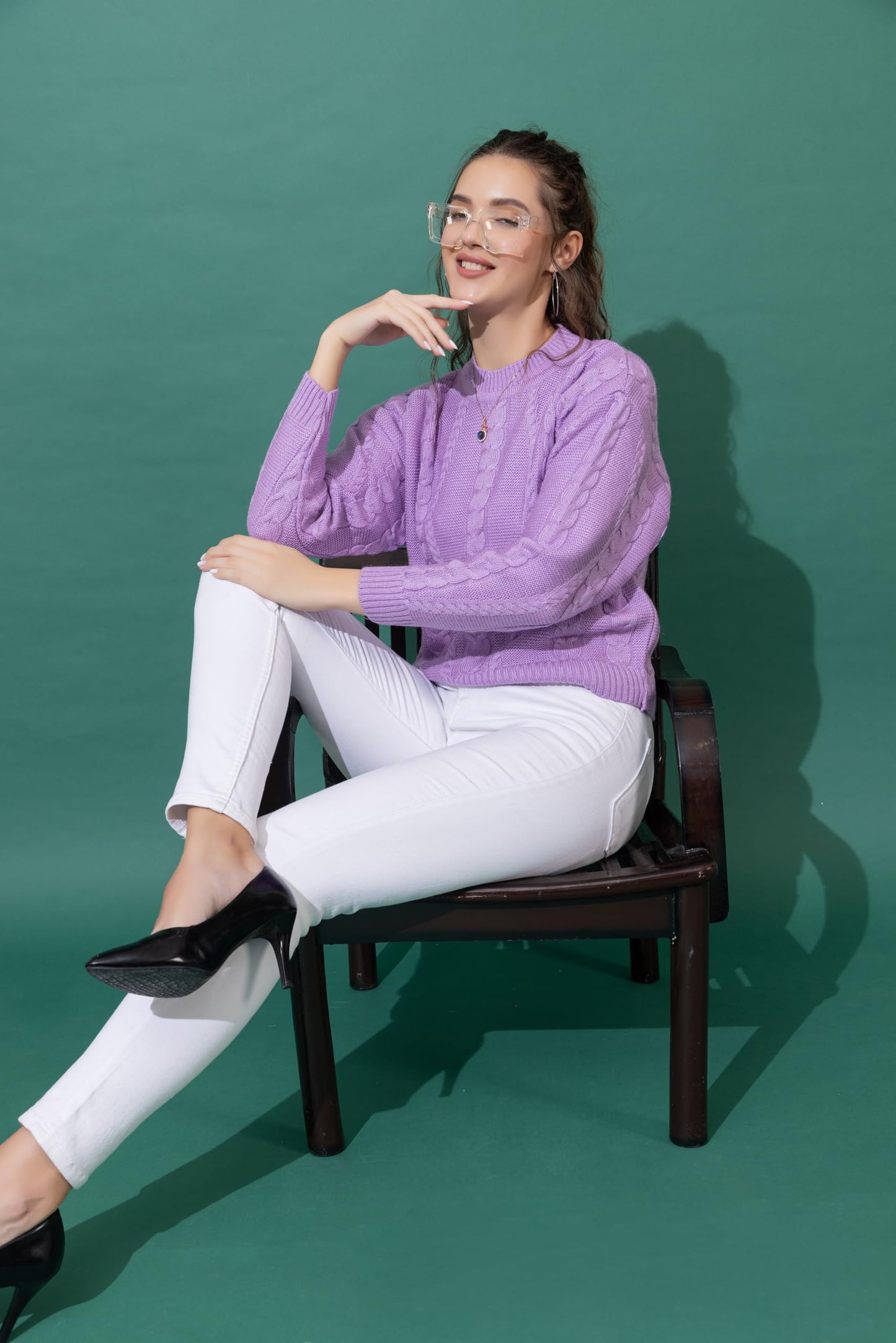 Wear lusso Women Sweater for Winter Woolen Full Sleeves Round Neck Cable Design Stylish Sweater for Winter Season (in, Alpha, L, Lavender)