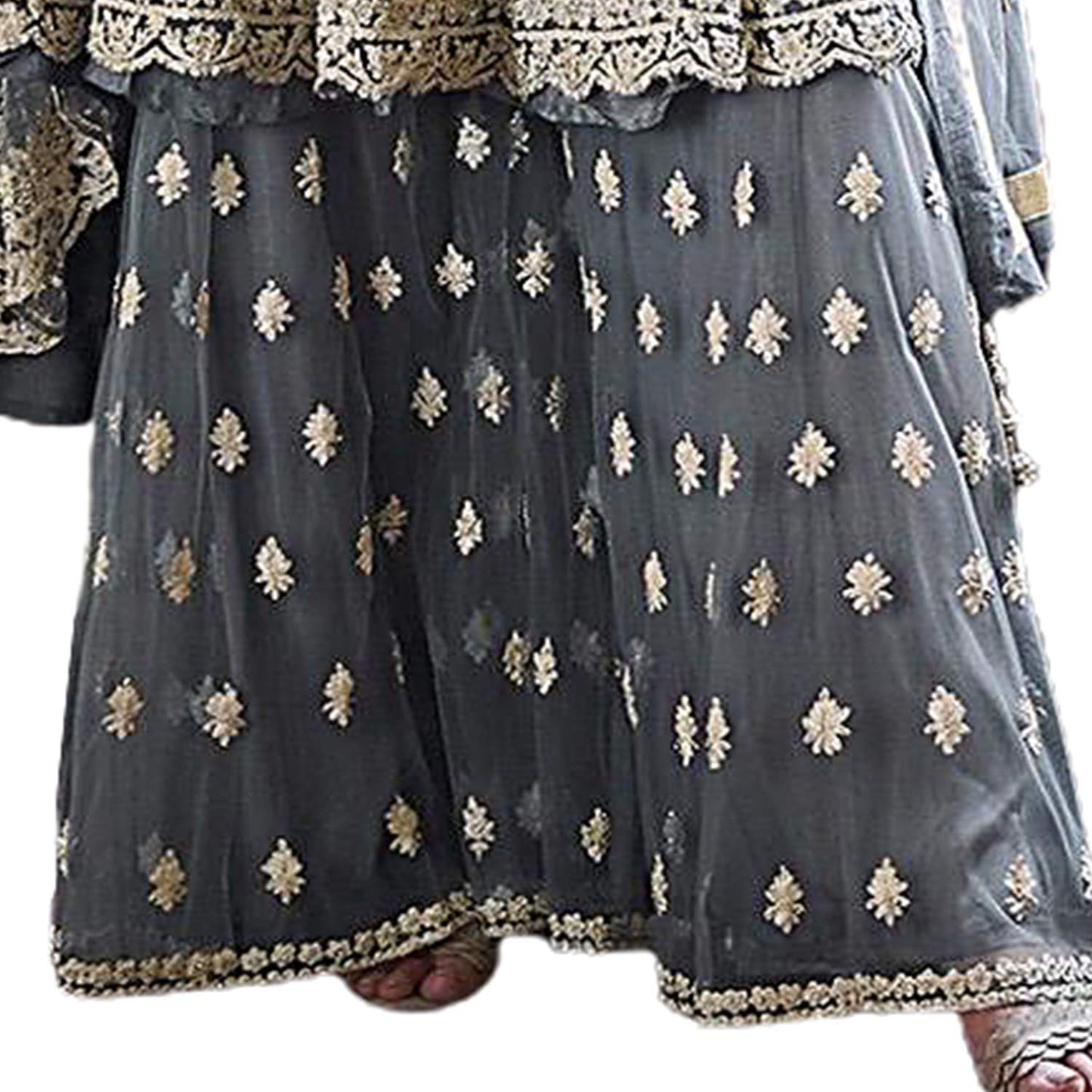 Miss Ethnik Women's Grey Semi Stitched Belly Sleeves Knee Long Gown With Palazzo And Net Duppata Free Size