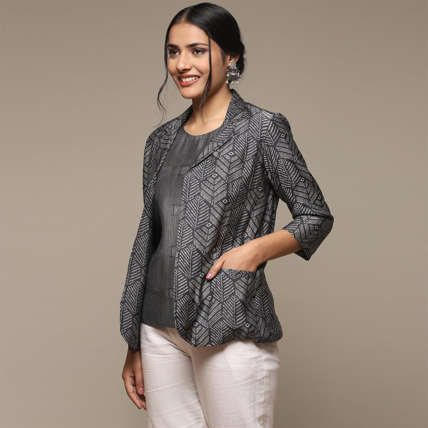 BIBA Women's Poly Viscose PRINTED Long Length MIX AND MATCH Jacket(MONOCHRO18927_MARB.CRB_36), Large, Multicolor