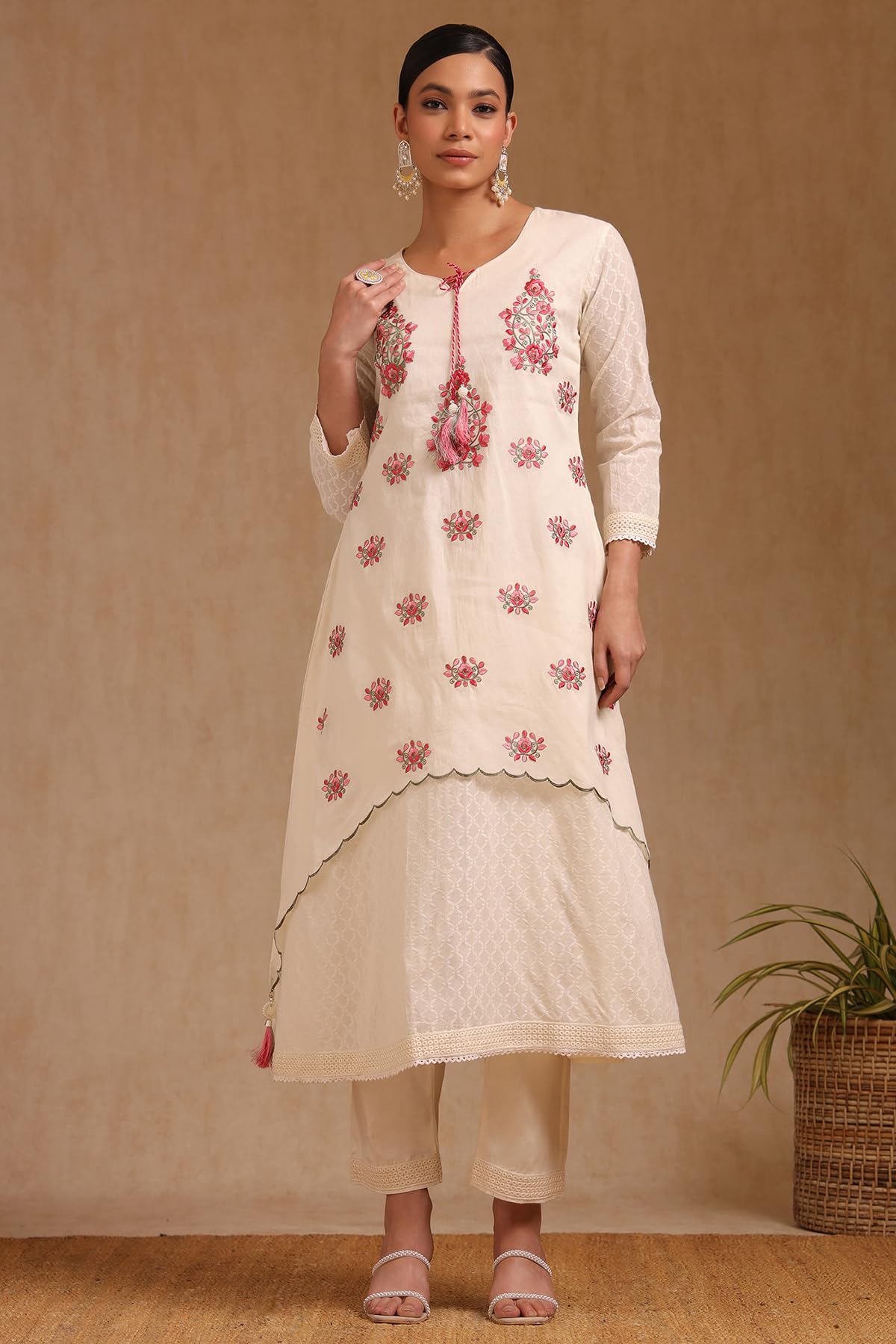 Soch Womens Off White Cotton Floral Print Suit Set With Thread Work