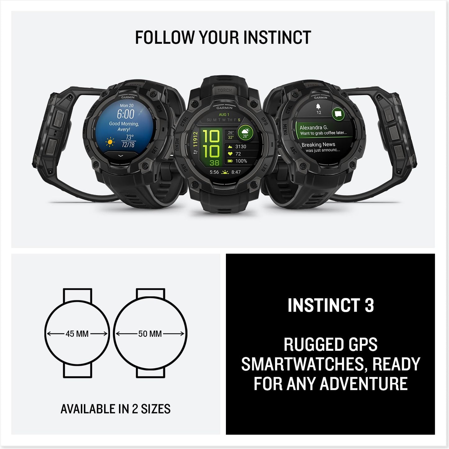 Garmin Instinct® 3 45mm, AMOLED Display, Rugged Outdoor GPS Smartwatch, Metal-Reinforced Bezel, Built-in Flashlight, Up to 18 Days of Battery Life, Black
