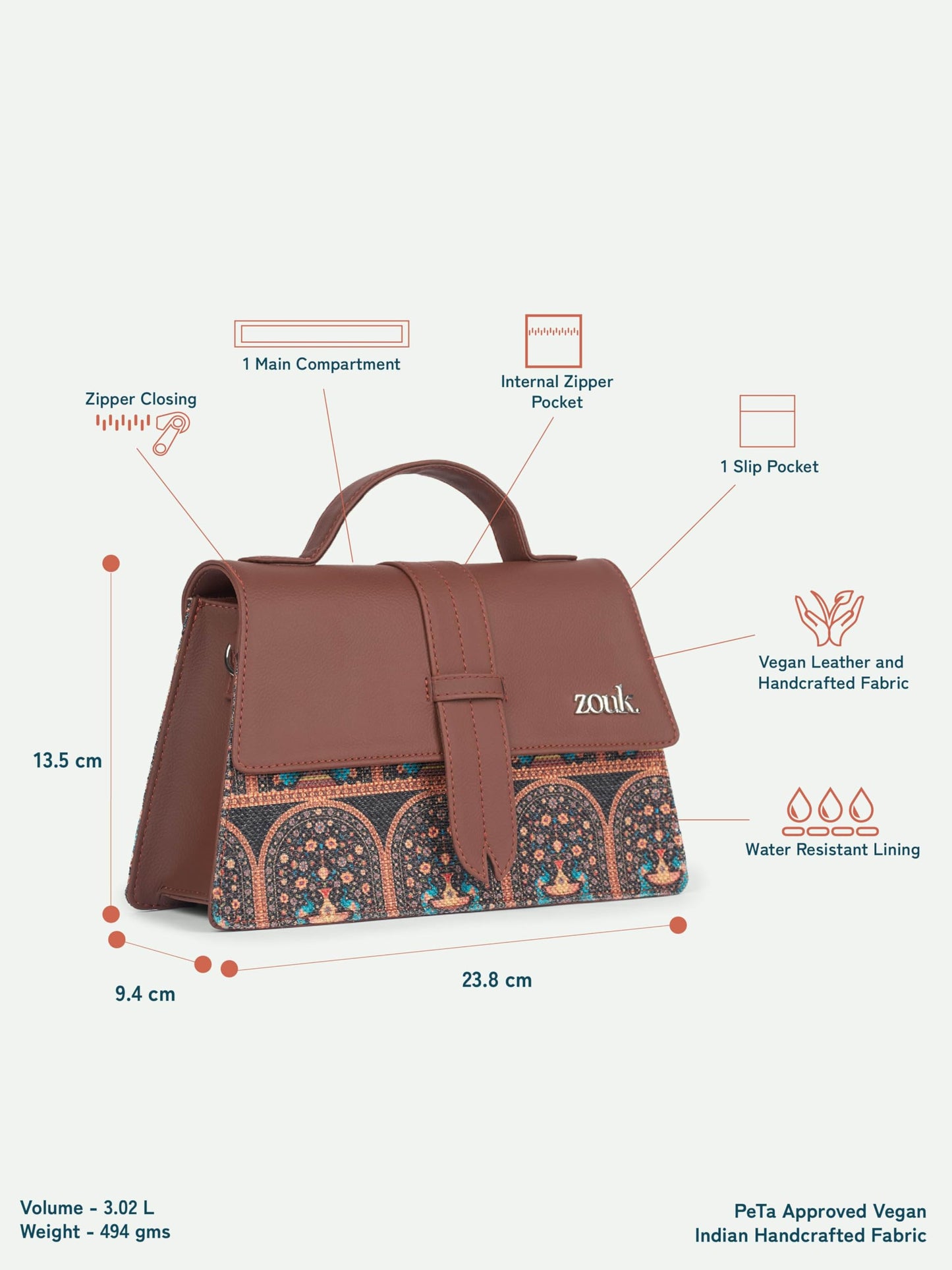 ZOUK Kriti Sanon Collection - Royal Indian Peacock Motif Iconic Evening Satchel | Vegan Leather Handbag for Women | Stylish, Lightweight & Spacious | Motif