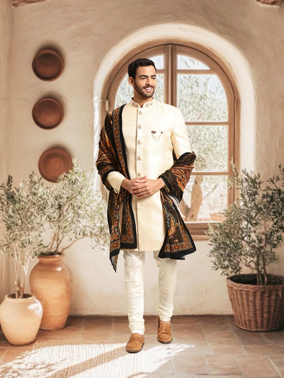 KISAH Sherwani Set with Dupatta for Men – Textured Silk Blend Jacquard Sherwani, Churidar & Dupatta | Traditional Indian Outfit for Weddings, Receptions & Festivals, White, 42