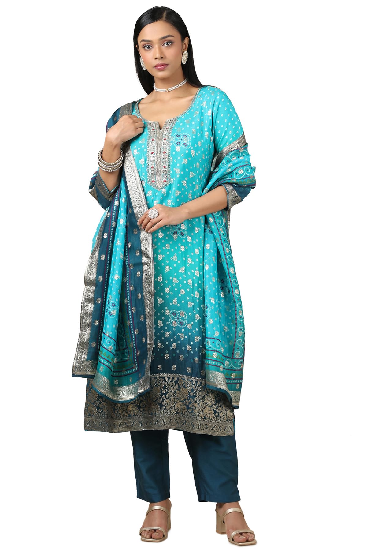 Soch Womens Turquoise Blue Brocade Bandhani Chudidar Set With Zari