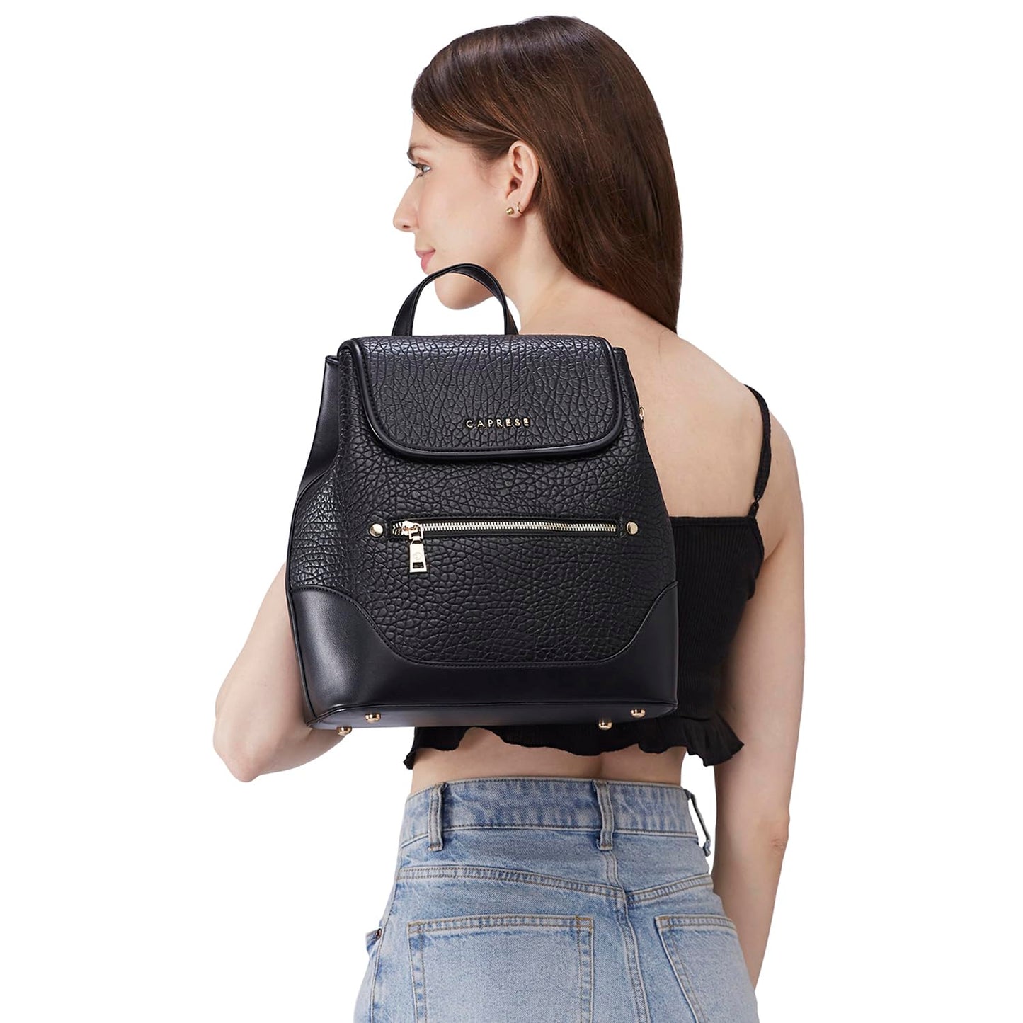 Caprese Skylar Casual Backpack, Medium | Fashion Backpack for Women with Adjustable Shoulder Strap, Magnetic Snap & Secure Zip Closure | for Everyday Outings, College and Travel (Black)