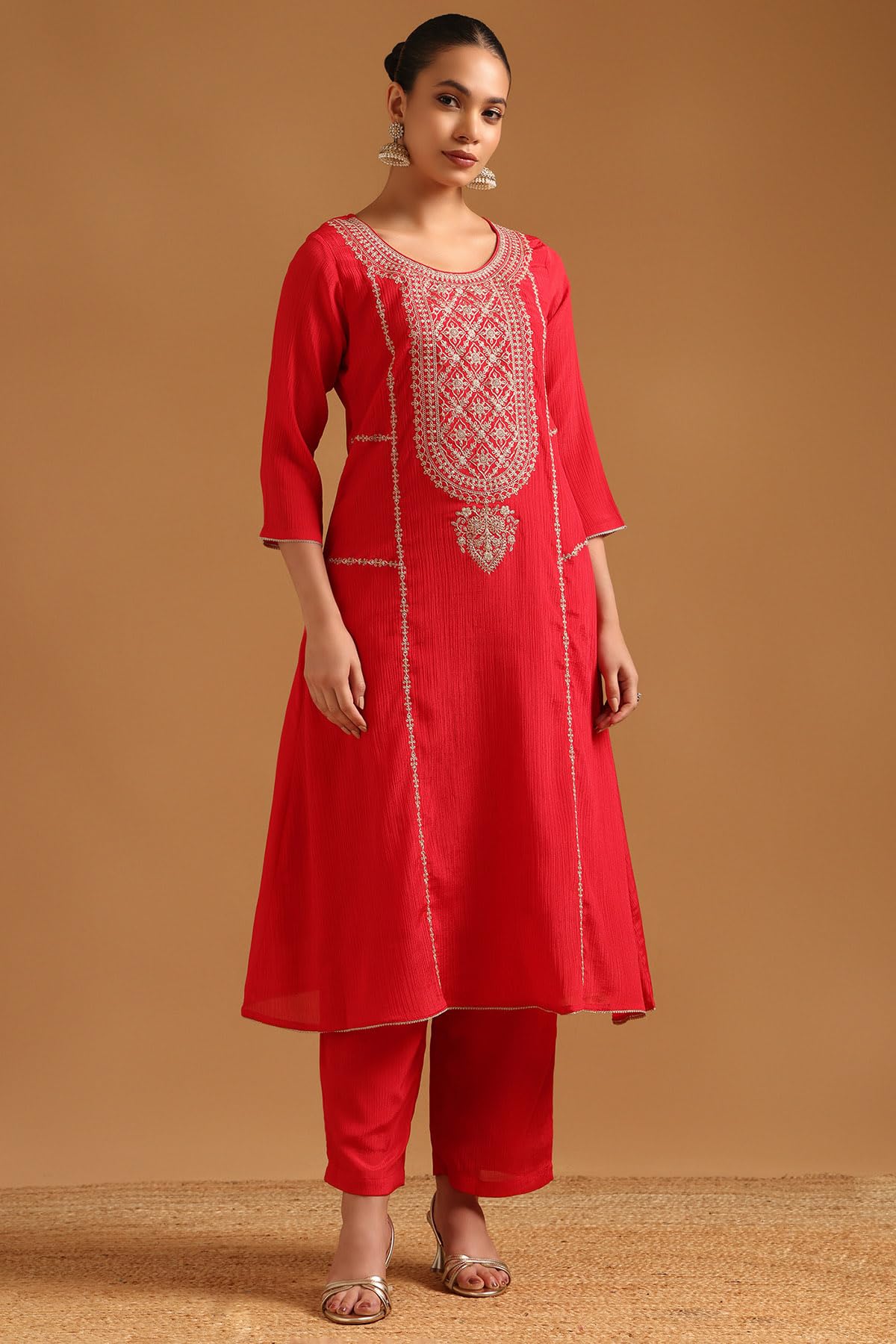 Soch Womens Red Viscose Blend Ethnic Motifs Salwar Suit With Zari