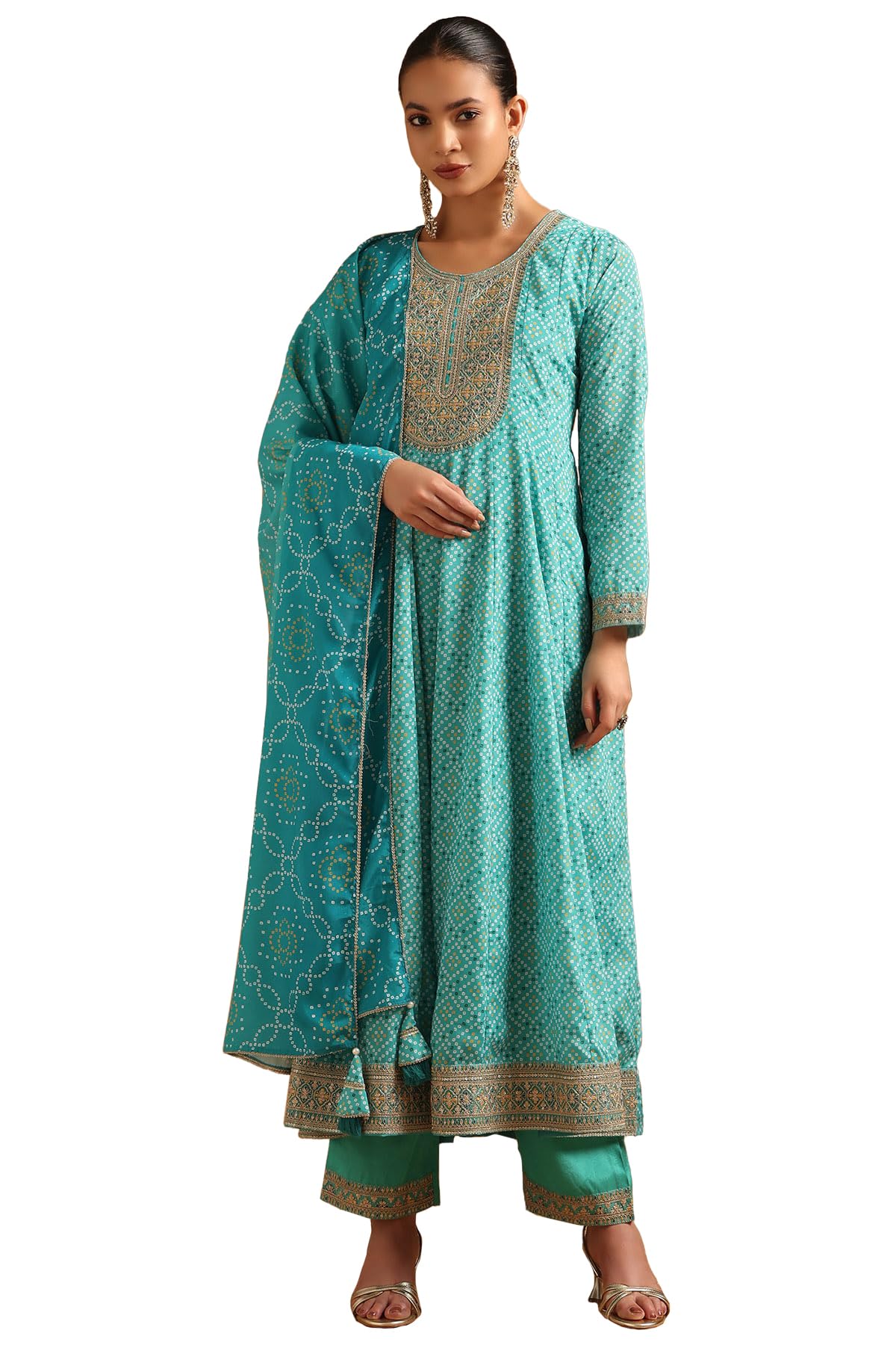 Soch Womens Blue Polyester Bandhani Salwar Suit With Sequins