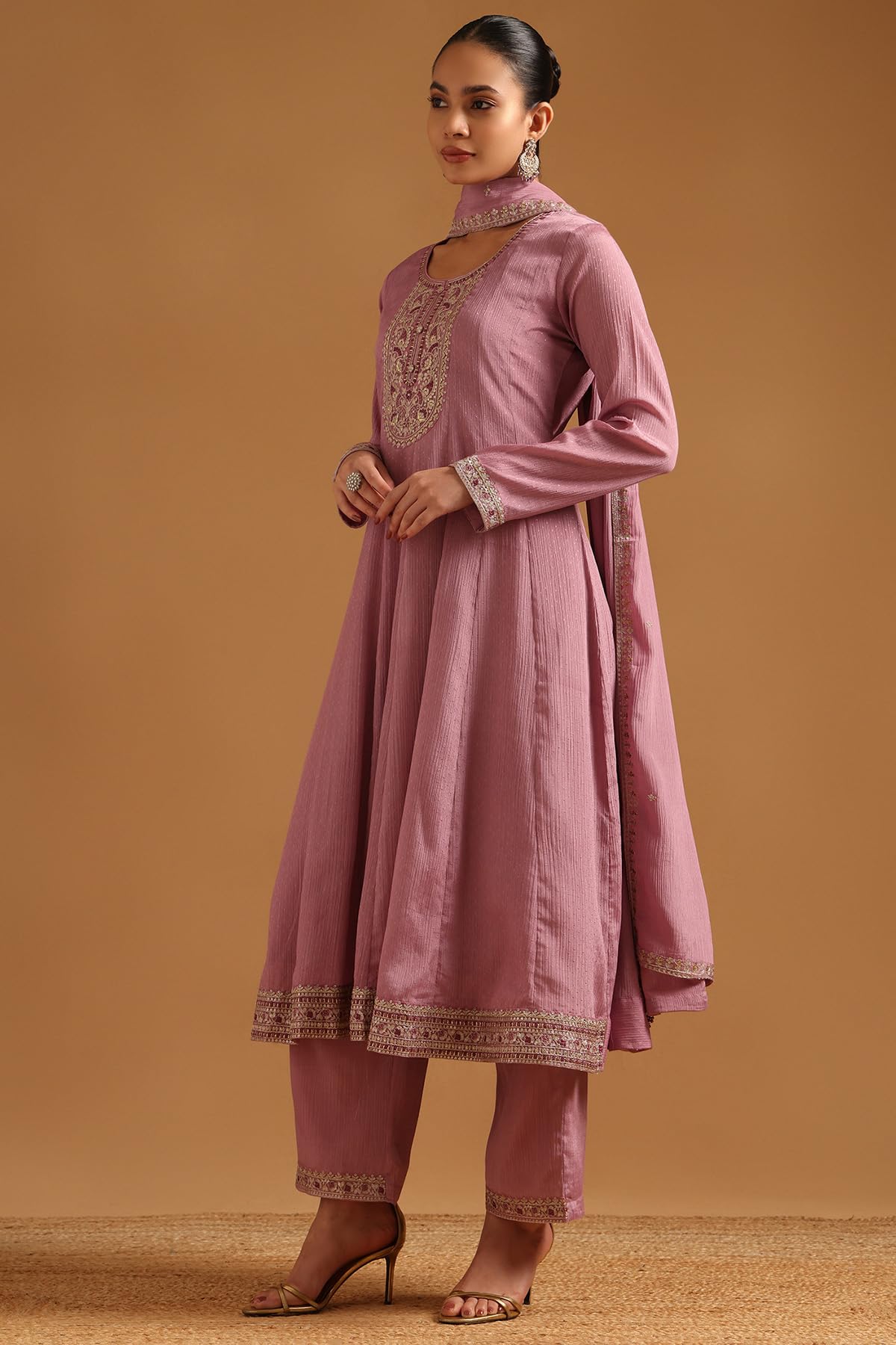 Soch Womens Pink Chinon Floral Salwar Suit With Zari