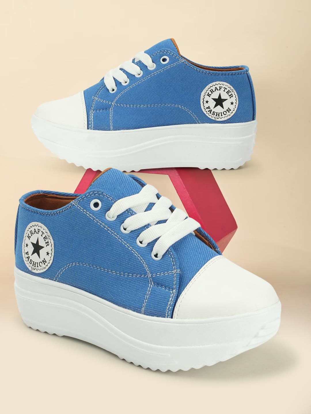 KRAFTER Chunky Denim Sneakers for Women & Girls – Sky Blue Casual Walking Shoes Comfortable Fit Trendy Everyday Wear – UK 7 – Model HP-1330-40