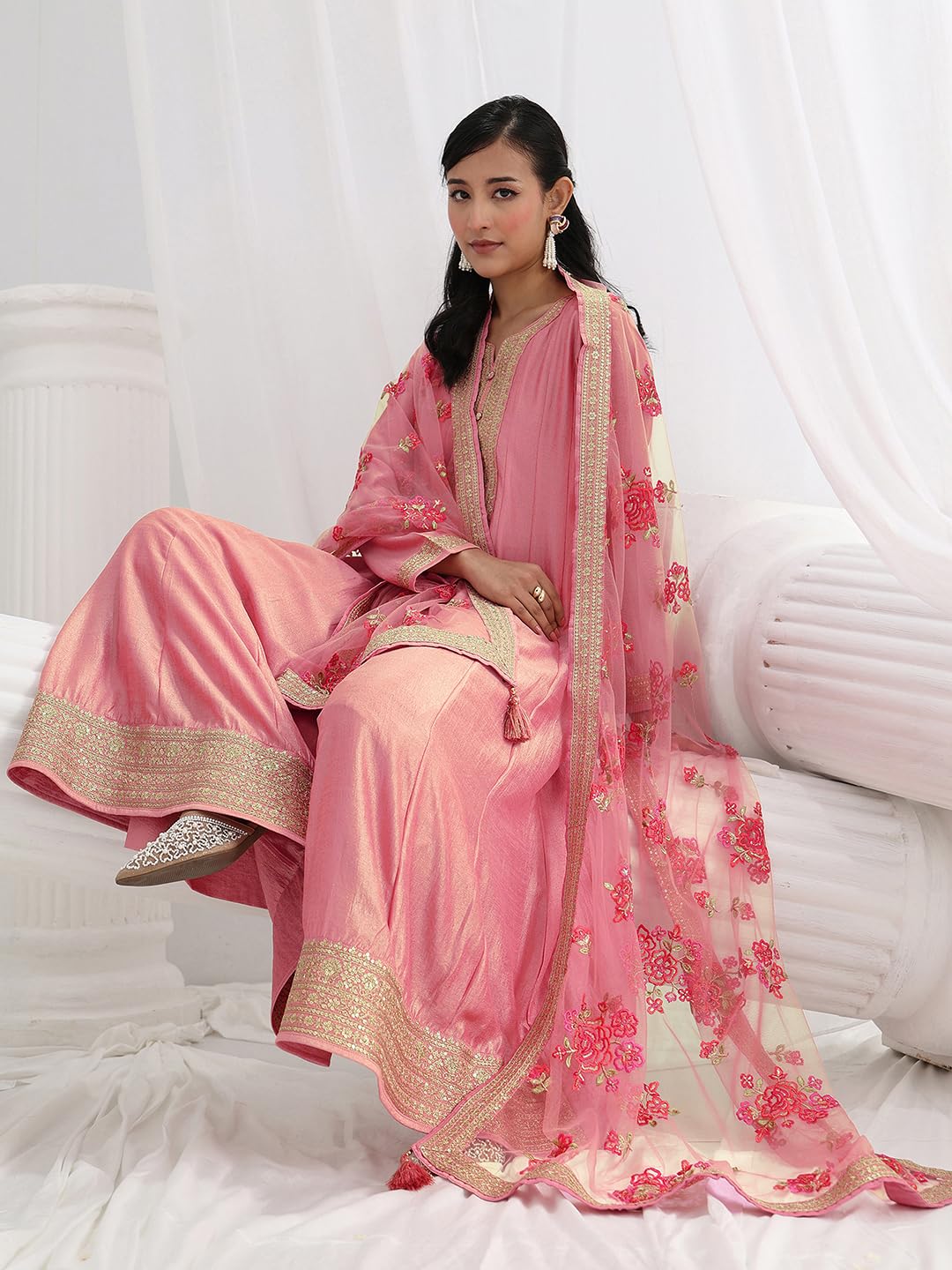 Libas Embroidered Silk Blend A-Line Ethnic Dress with Dupatta-93639XL