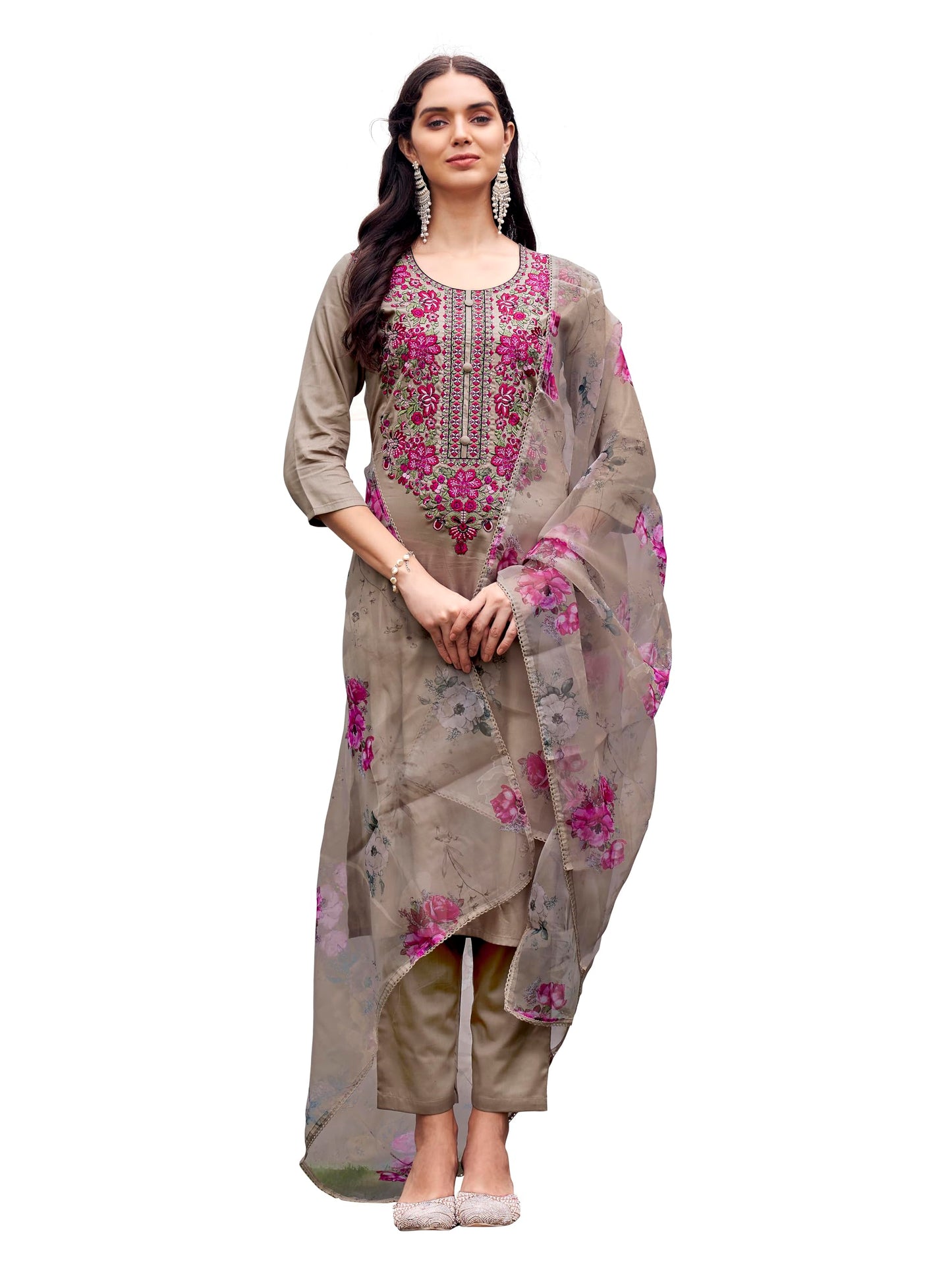 Womanista Women's Beige Color Cotton Blend Multi Embroidered Kurta Set With Printed Organza Dupatta(Kurtaset_1340_XL)