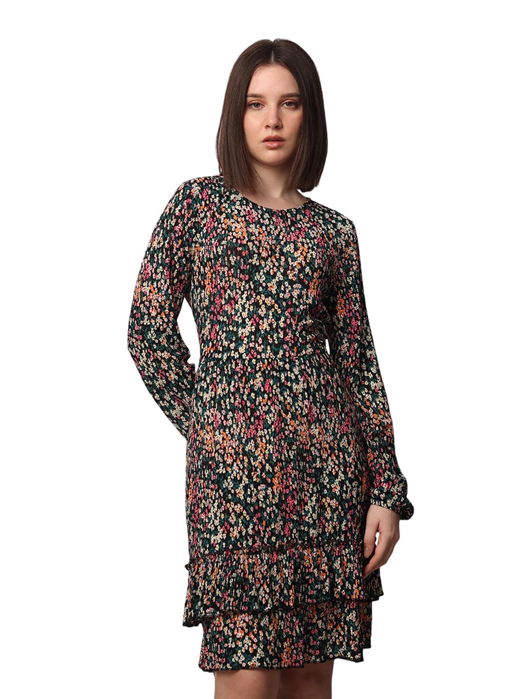 ONLY Women Floral Fit and Flare Casual Black Layered Dress