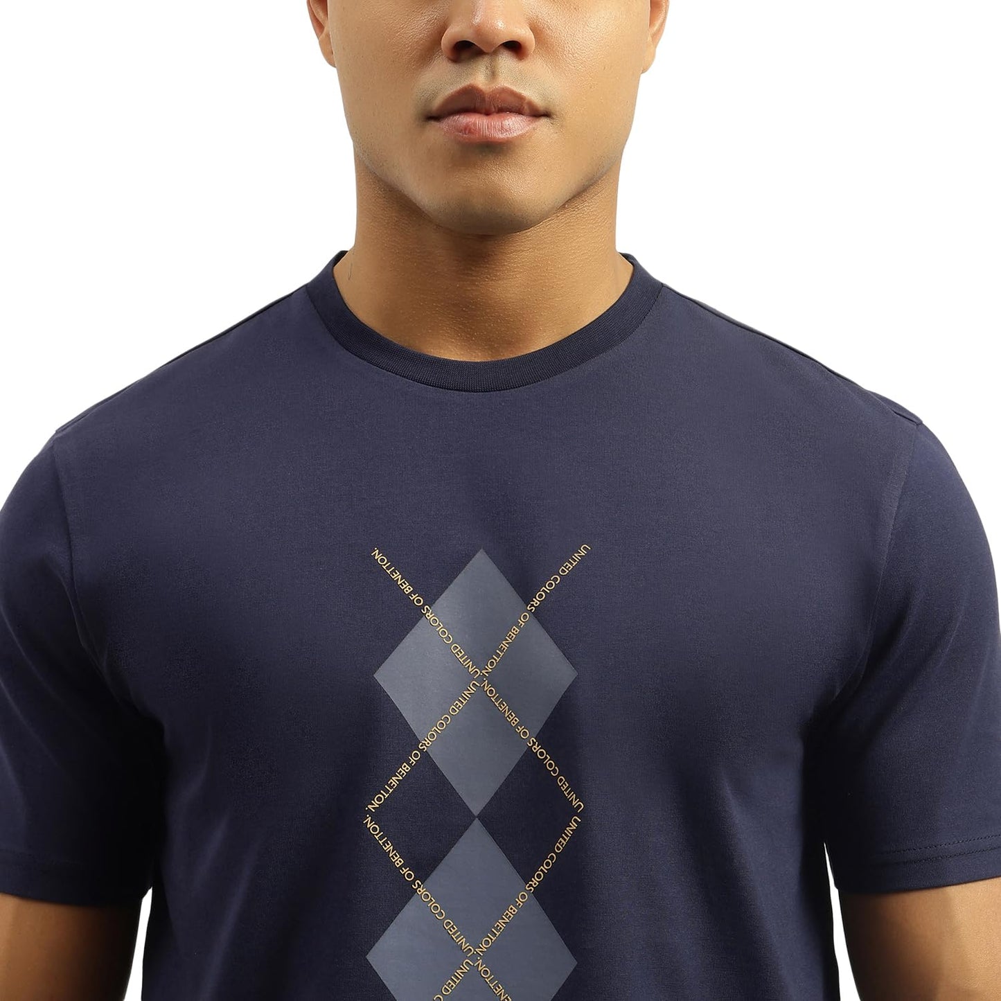 United Colors of Benetton Relaxed Fit Crew Neck Gradation Argyle T-Shirt (Size: 3XL)-25A3E99J3304I252 Blue